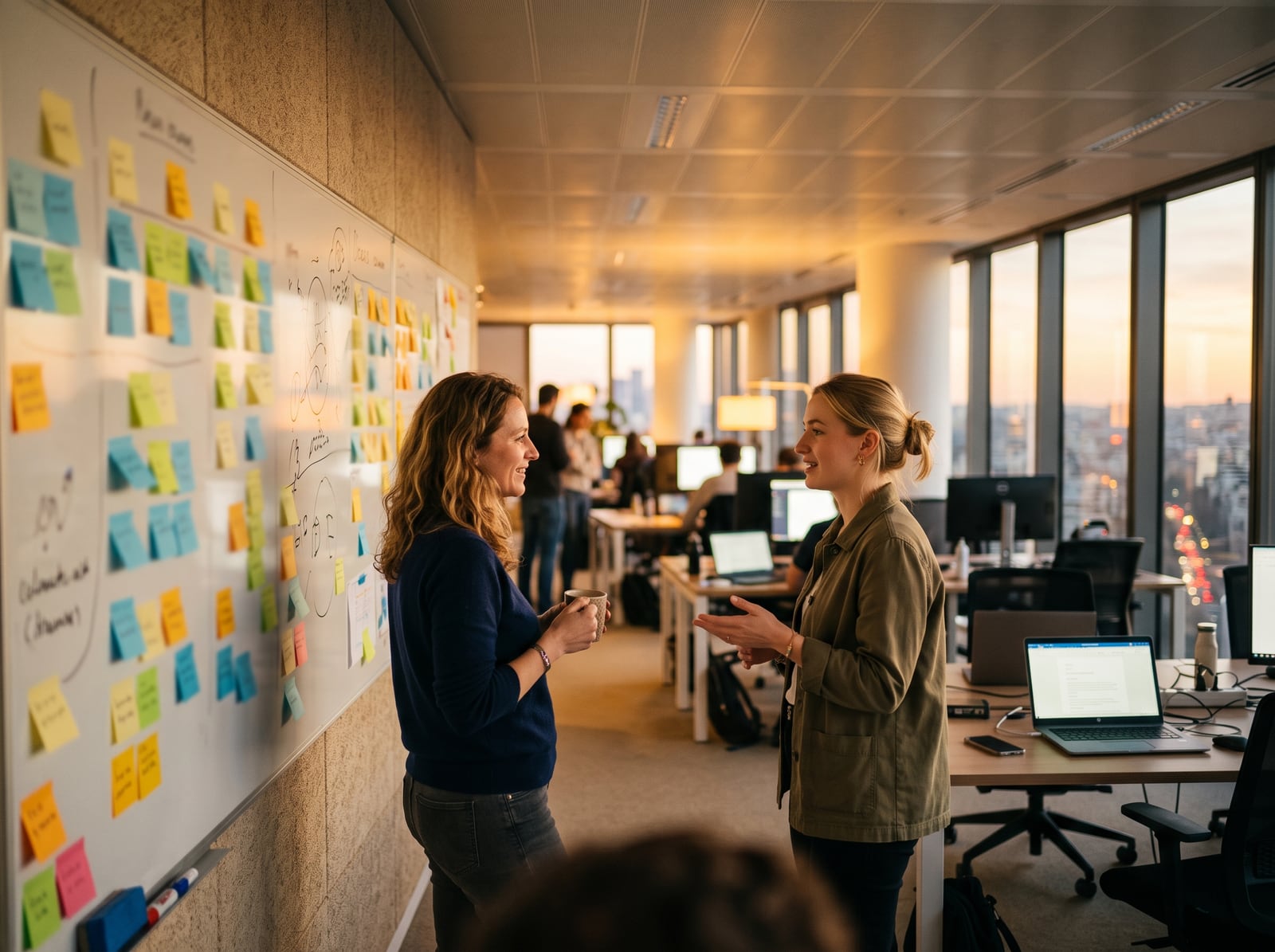 Deux collègues échangeant devant un mur de notes dans un open space
