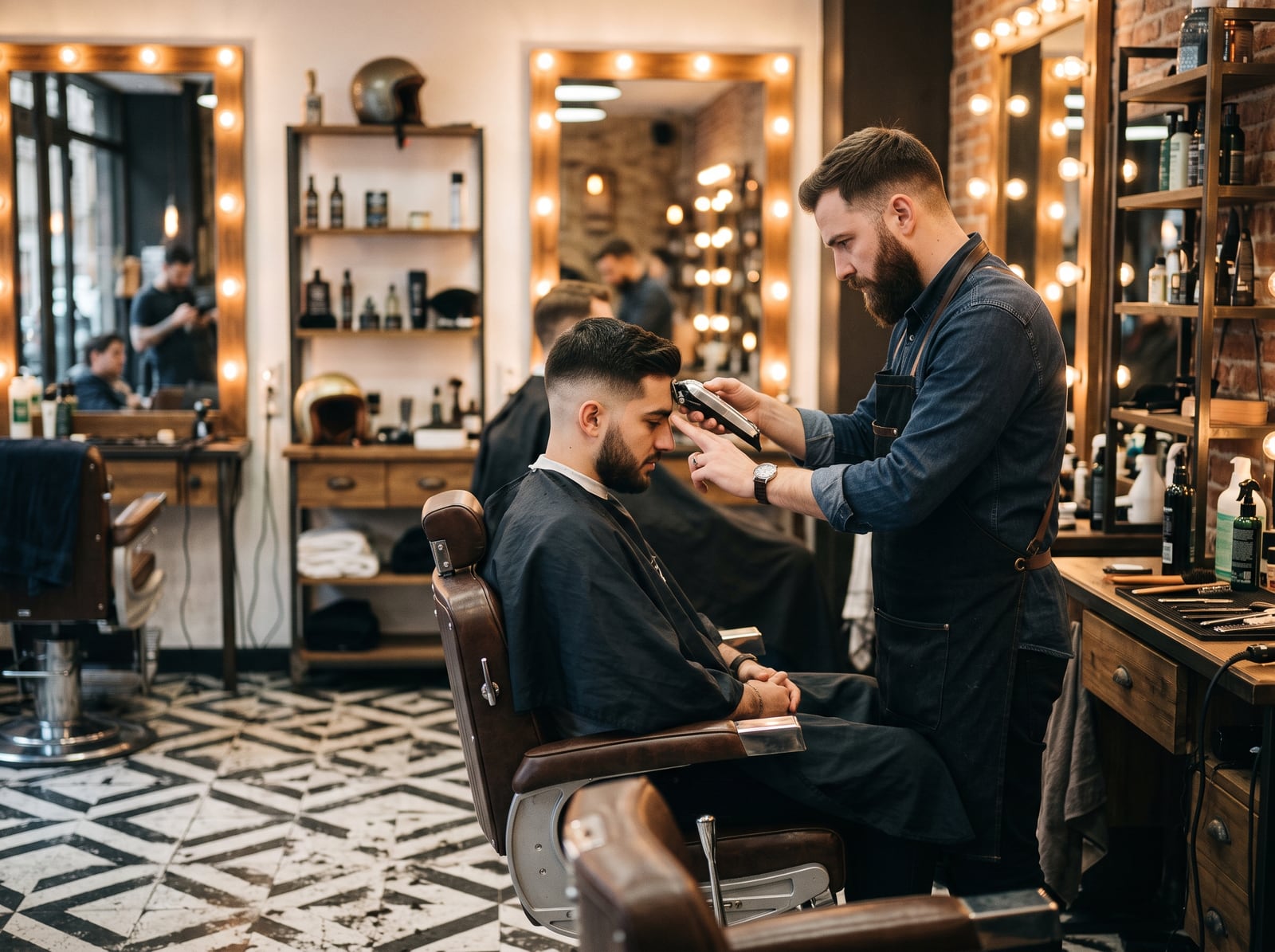Barbier réalisant un dégradé dans un salon contemporain à la lumière chaude