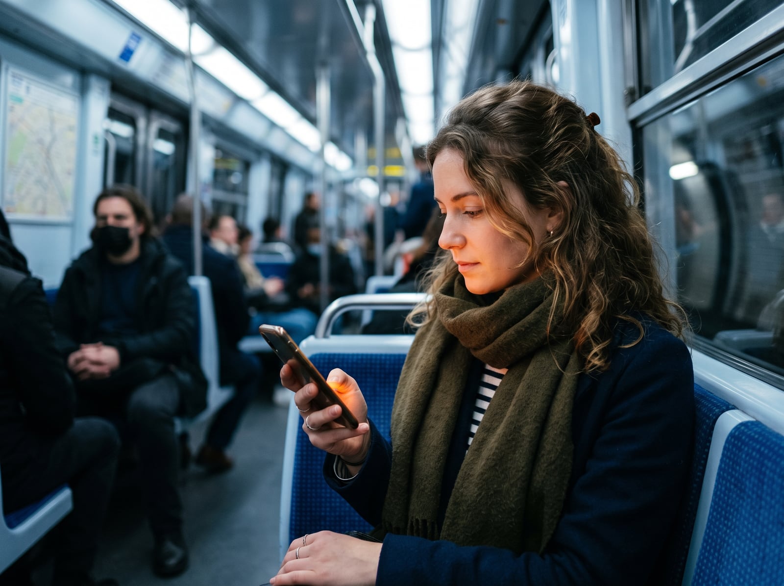 Utilisatrice consultant son application bancaire dans le métro au matin