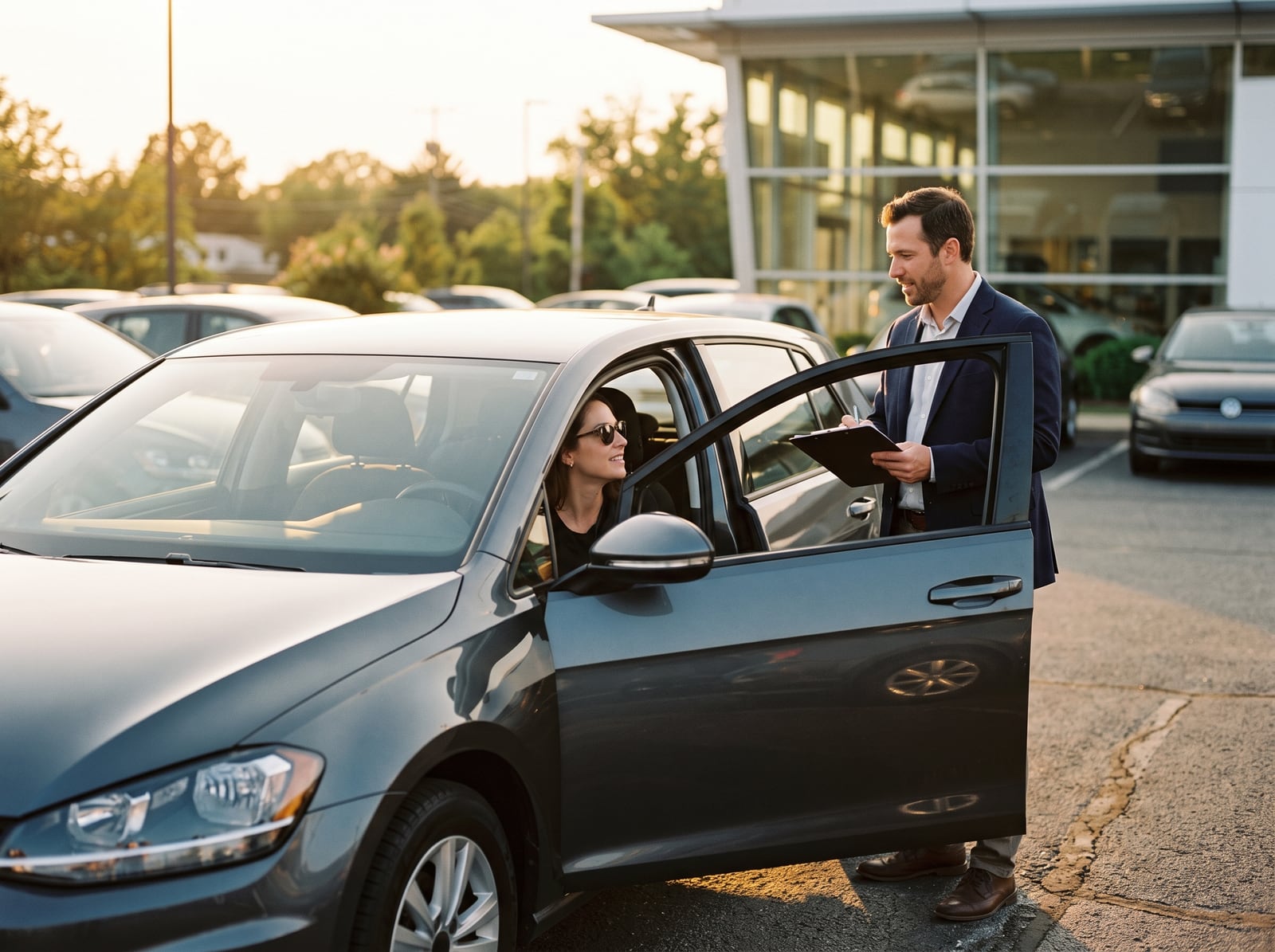 Client au volant d'une compacte lors d'un essai accompagné en concession