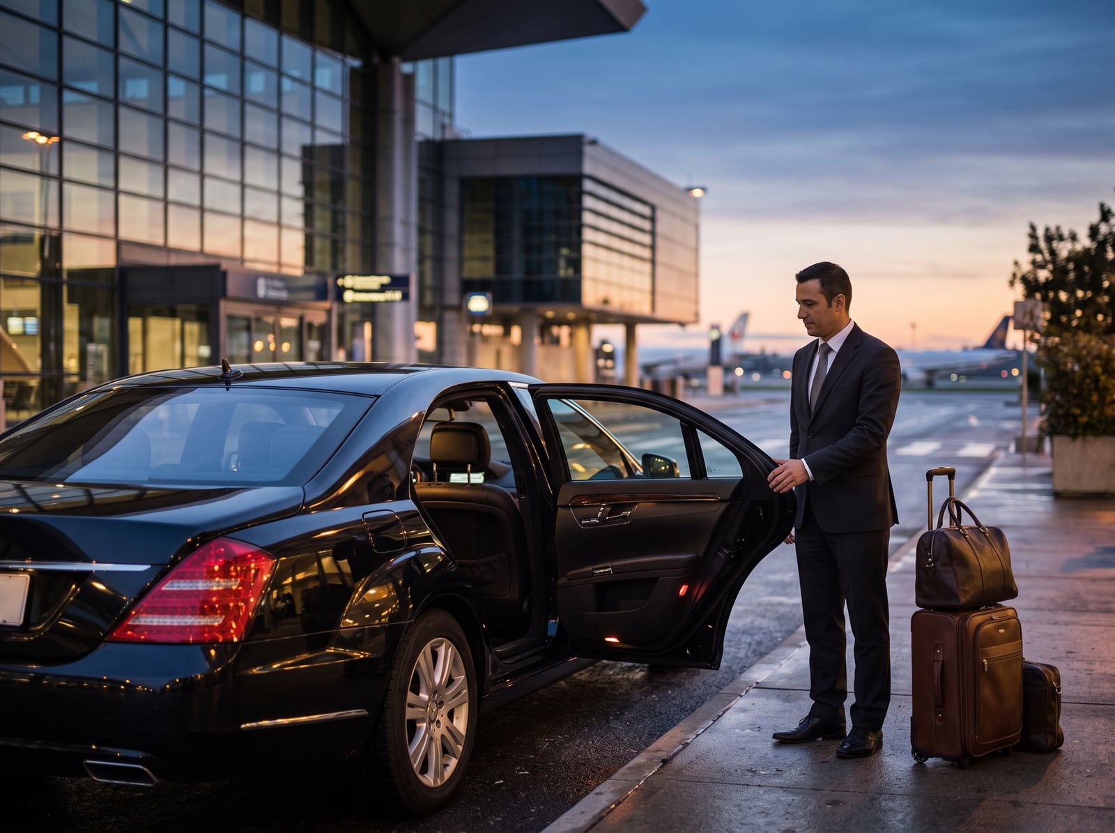 Chauffeur en costume ouvrant la portière d'une berline à l'aéroport