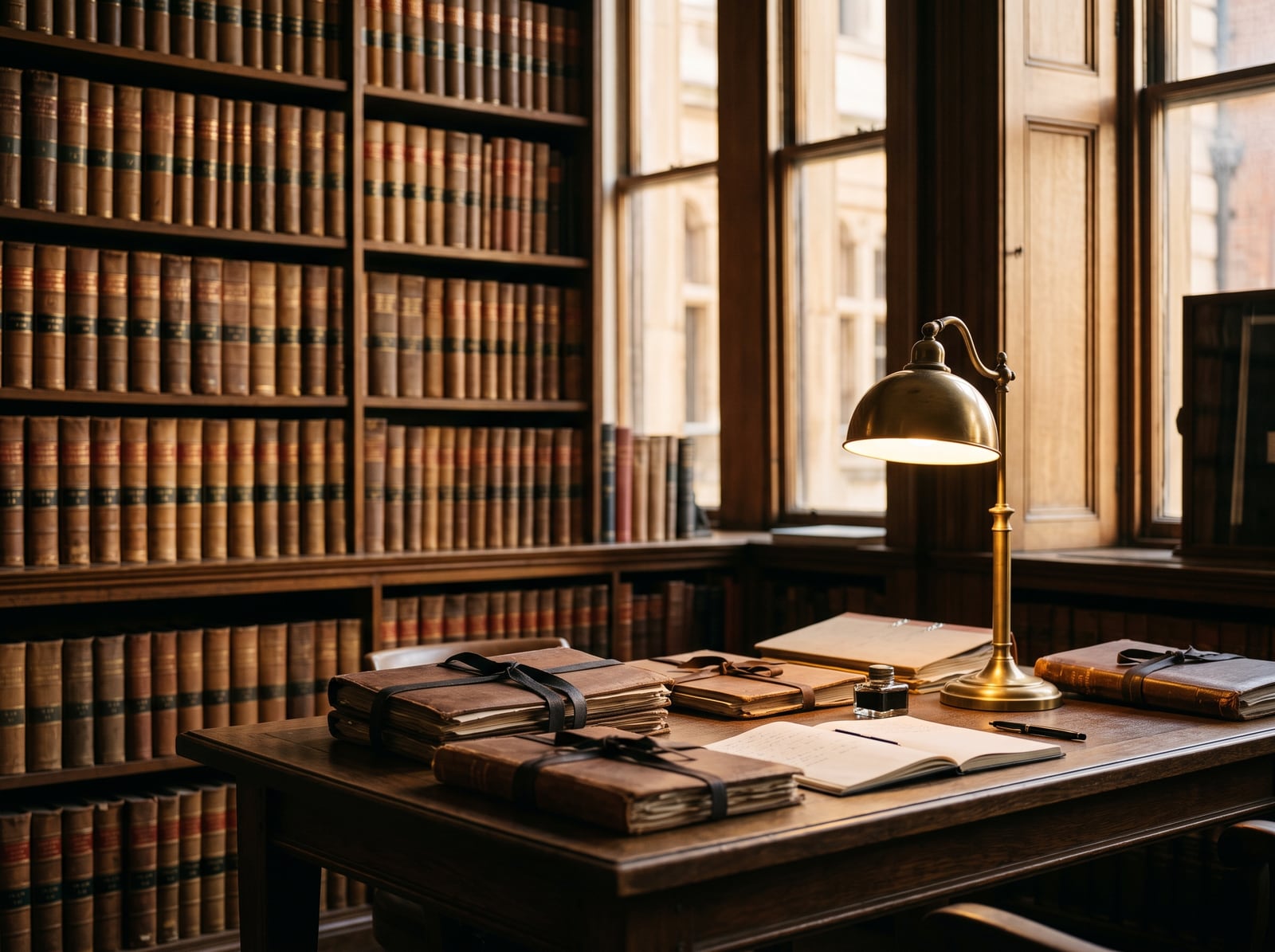 Bibliothèque juridique d'un cabinet d'avocats en fin de journée