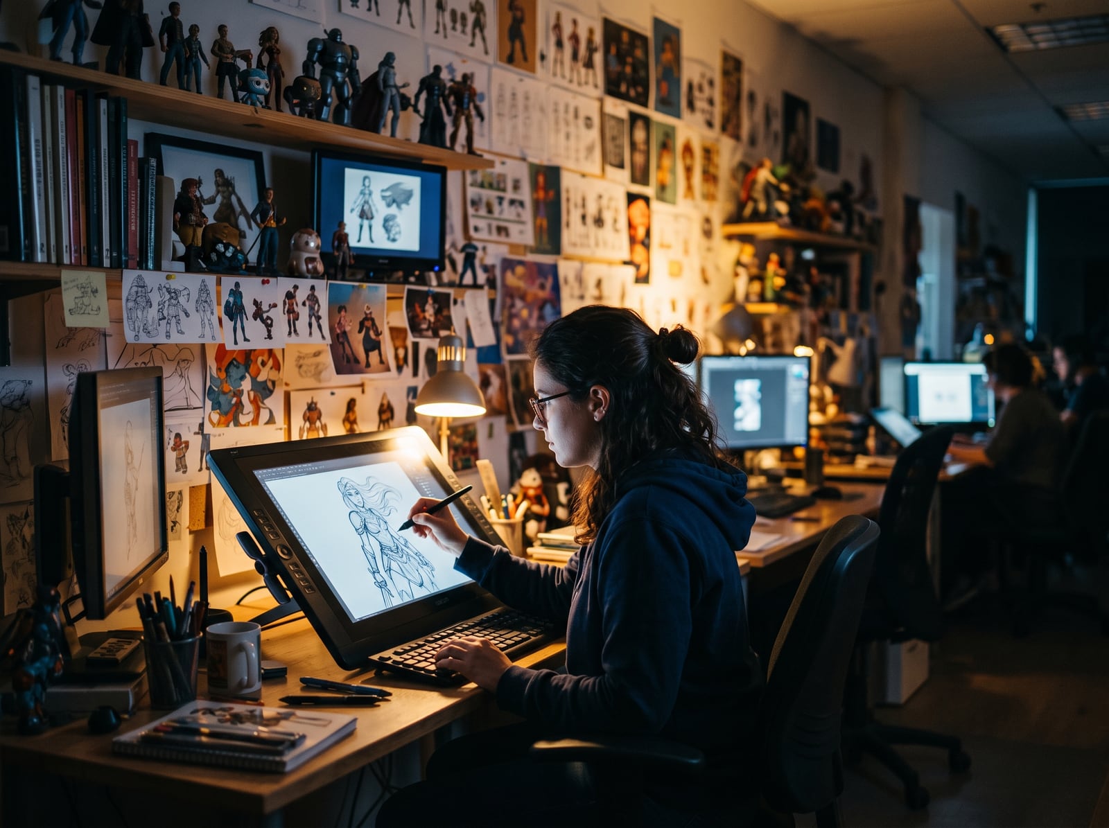 Dessinatrice travaillant sur une tablette graphique dans un studio d'animation