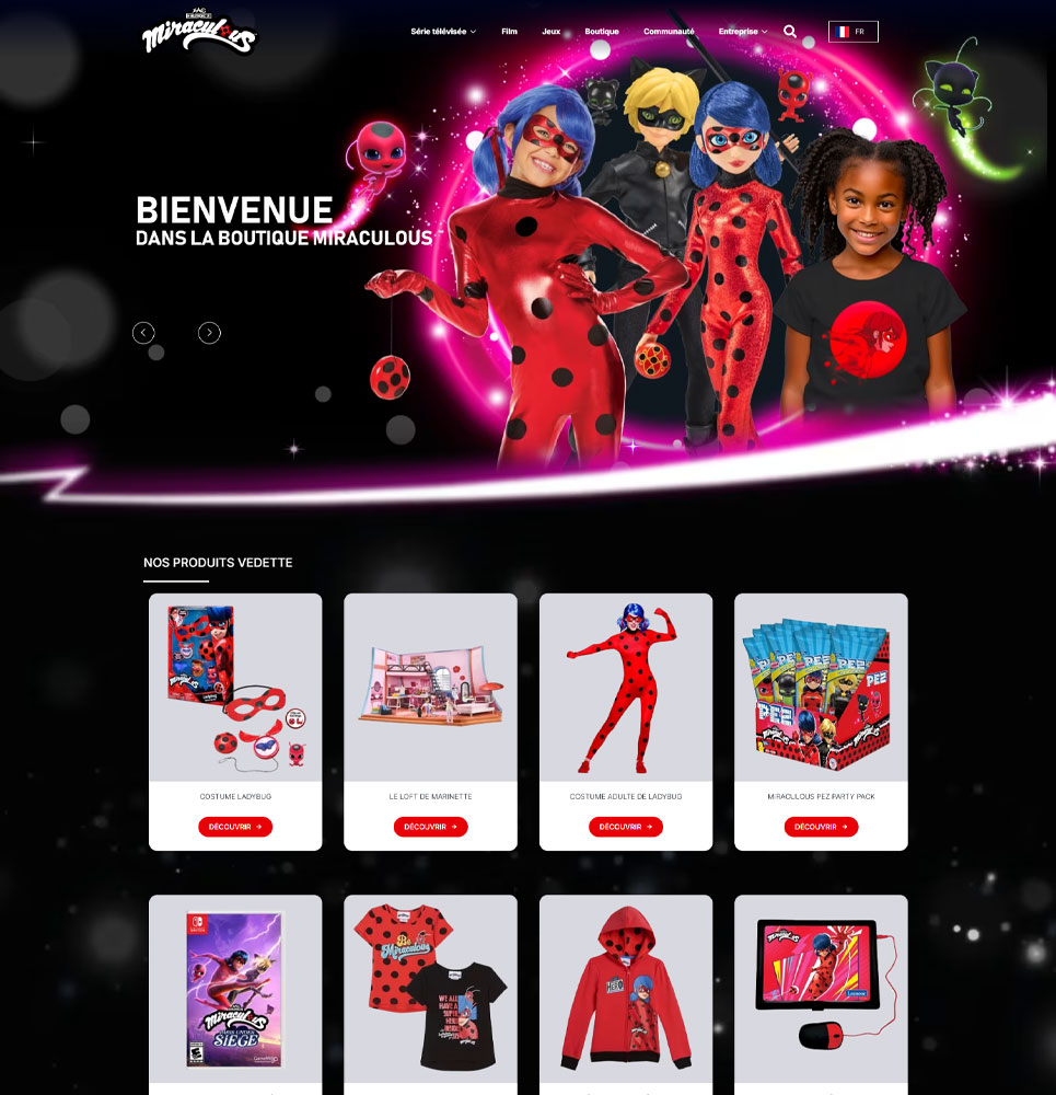 : Page boutique Miraculous Ladybug avec produits dérivés et costumes