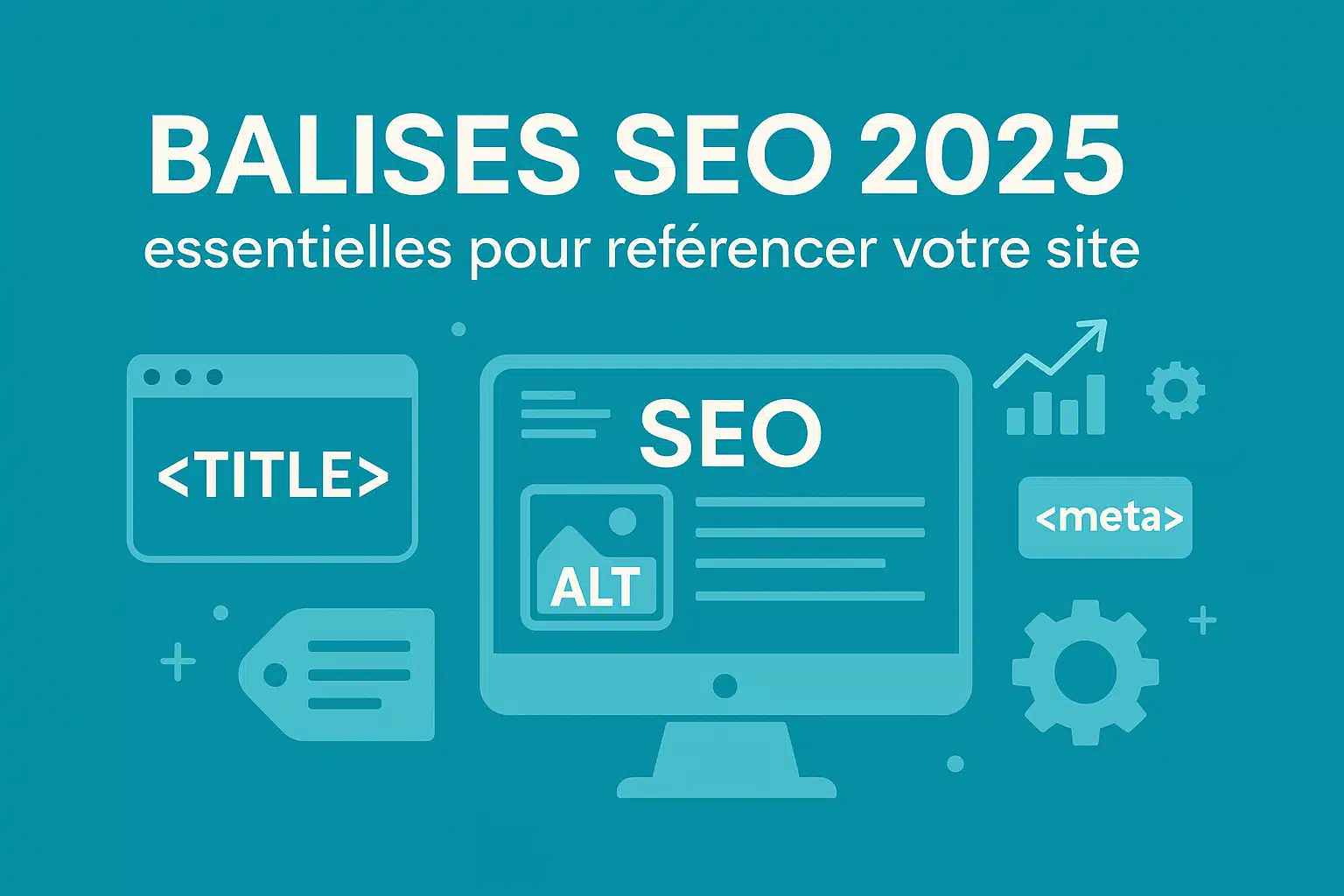 Illustration en bleu sarcelle des balises SEO 2025 : title, meta, alt, Hn, canonical