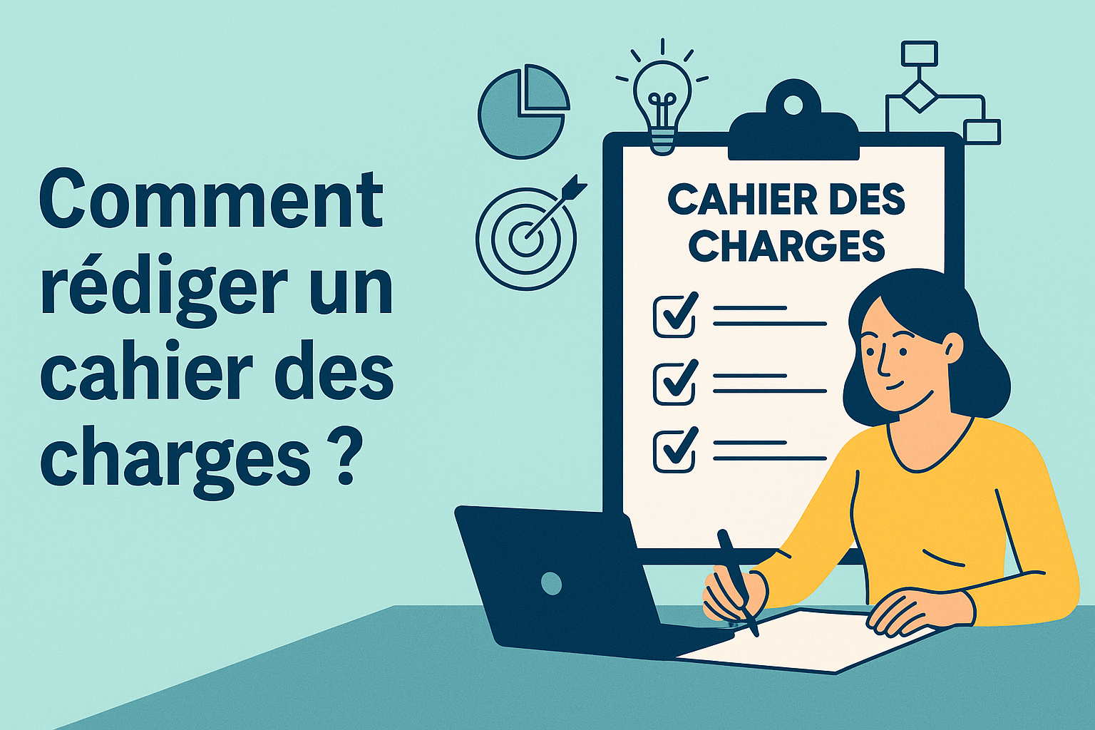 Illustration d'une femme rédigeant un cahier des charges pour un projet digital, avec une checklist et des icônes de stratégie