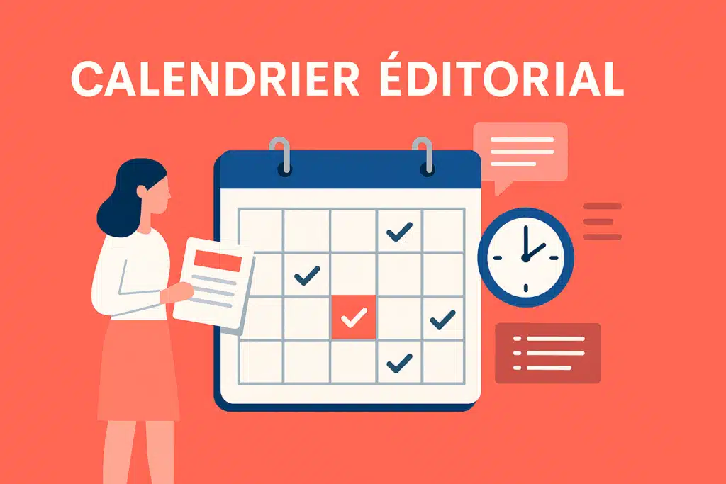 Calendrier éditorial : illustration digitale sur fond corail représentant la planification de contenus dans une stratégie digitale