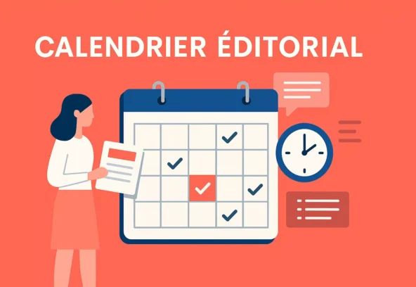 Calendrier éditorial : illustration digitale sur fond corail représentant la planification de contenus dans une stratégie digitale