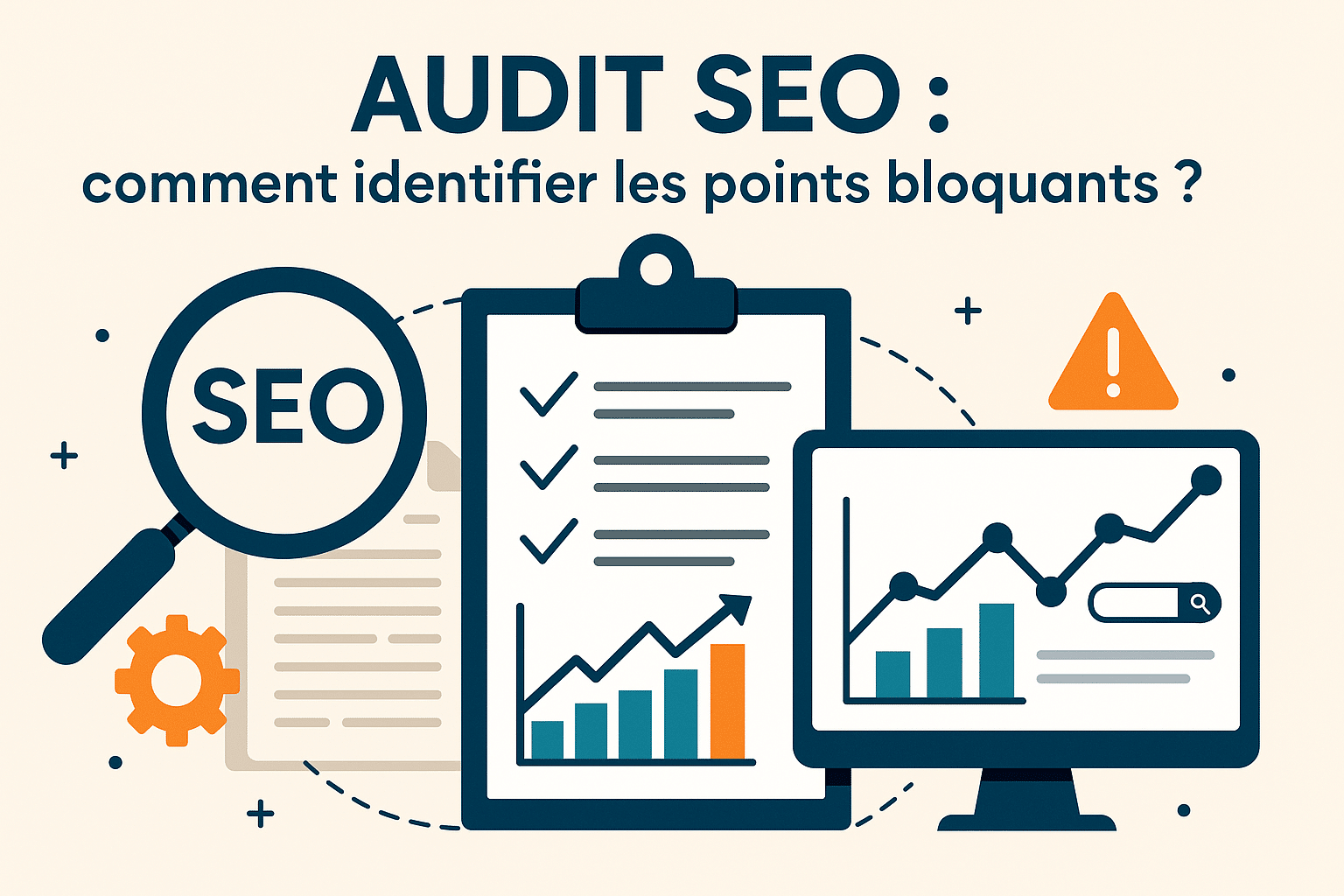 Illustration SEO montrant un audit avec loupe, graphique et checklist