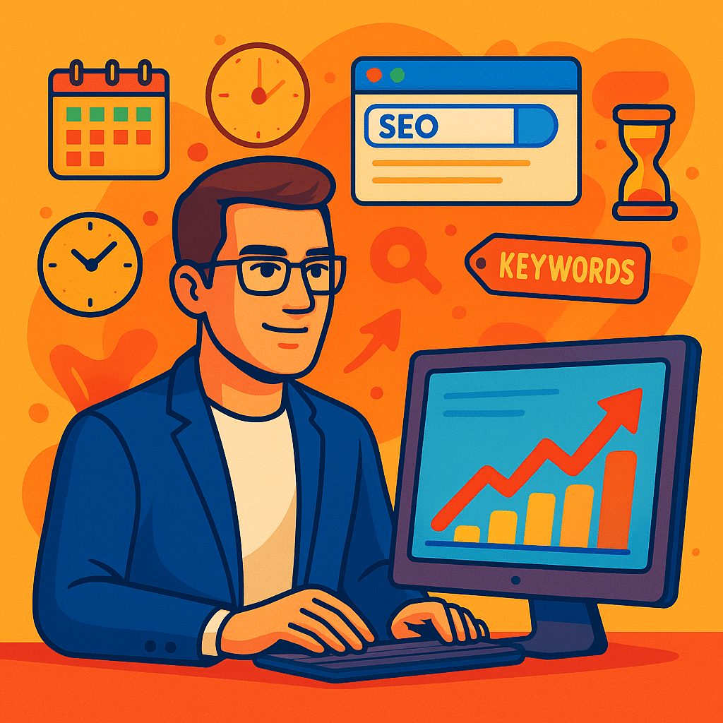 Illustration colorée d’un analyste SEO devant un écran avec des graphiques de performance, des icônes de temps et de mots-clés