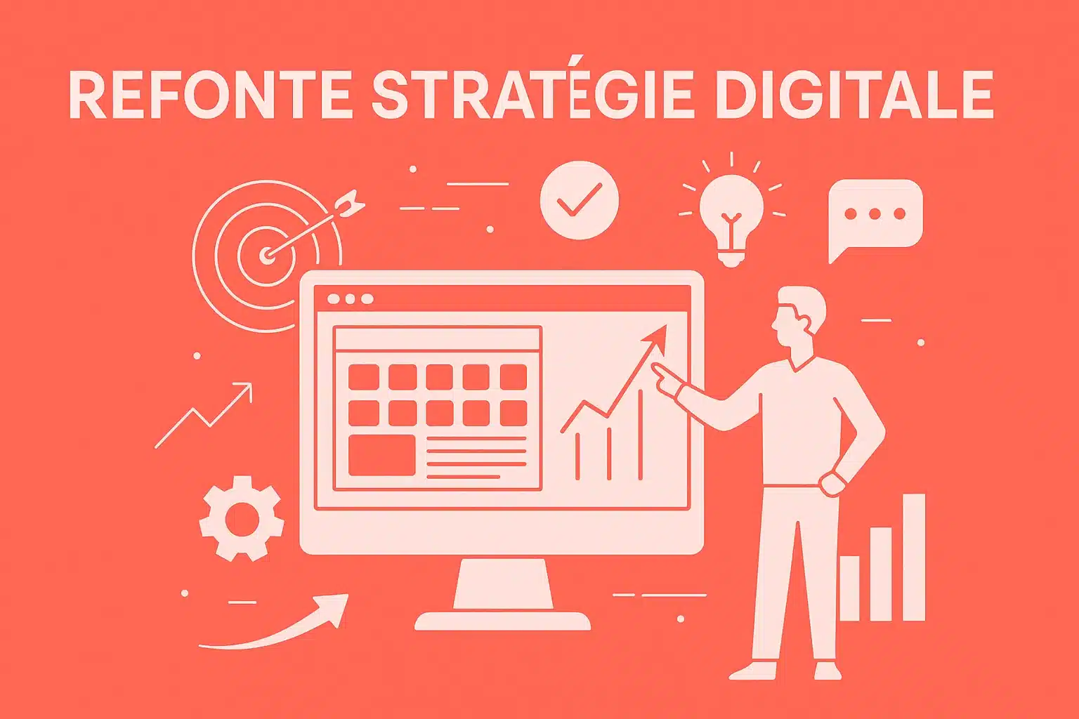 Illustration représentant la refonte de stratégie digitale avec un écran, des graphiques et des icônes sur fond rouge corail