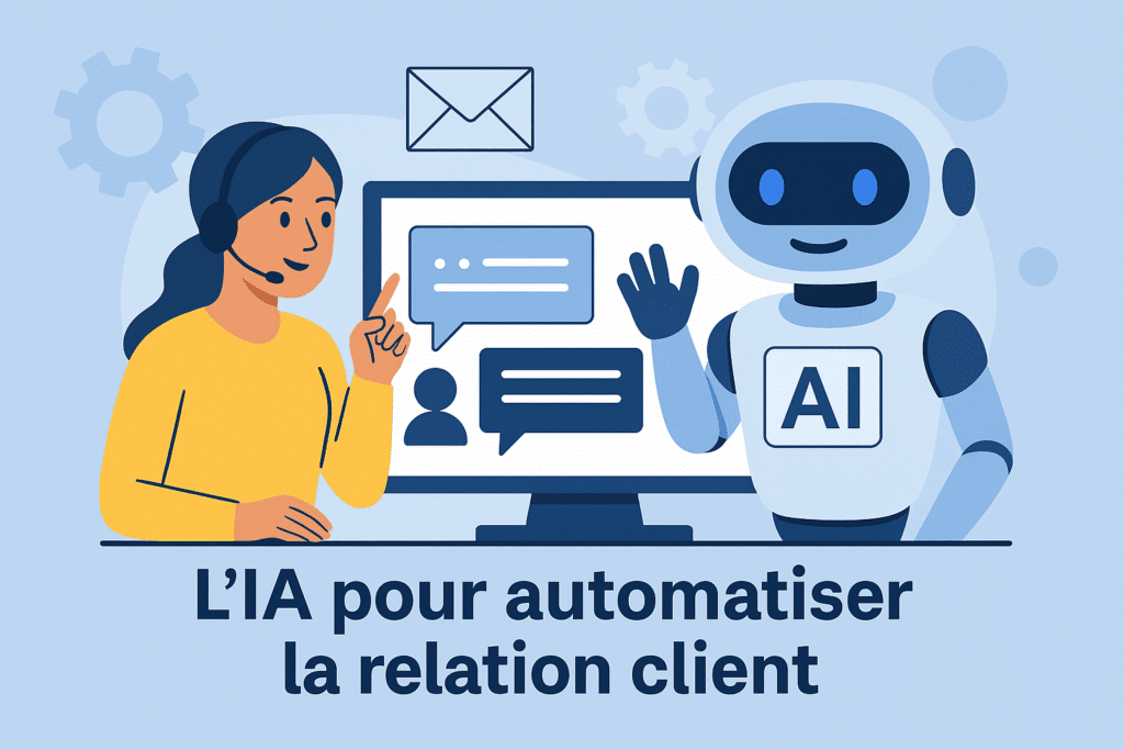 Illustration de l’IA relation client avec un robot assistant et une conseillère interagissant par écran.