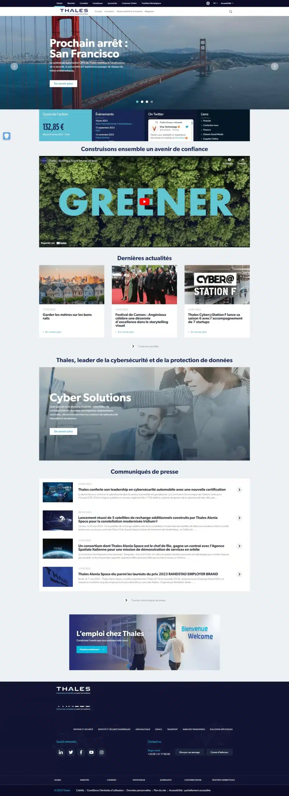 Capture d’écran de la page d’accueil du site Thales mettant en avant la ville de San Francisco et un message sur l’environnement