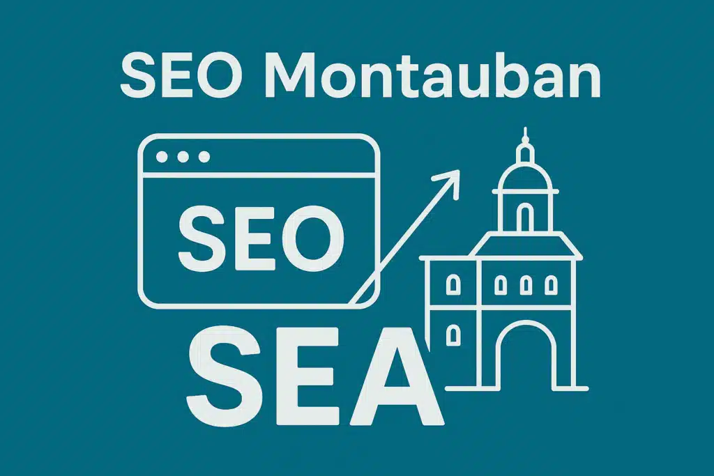 Illustration SEO Montauban sur fond bleu avec icône SEA et bâtiment historique