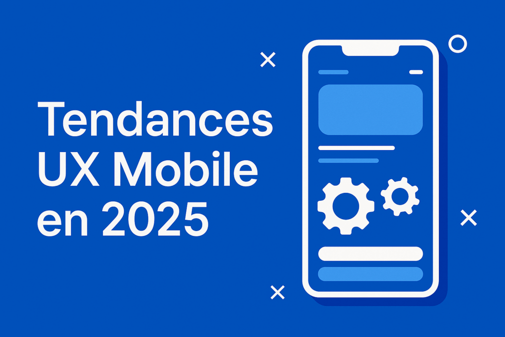 Illustration des tendances UX mobile en 2025 avec une interface smartphone sur fond bleu cobalt