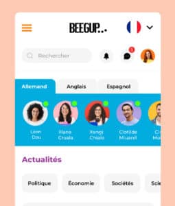 Écran de choix des langues pour les élèves sur le site web éducatif BeegUp
