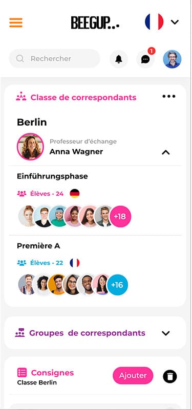 Interface mobile du site web Beegup – gestion des correspondants pour la classe de Berlin