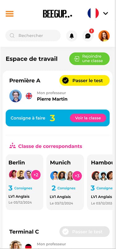 Interface élève du site web Beegup – suivi des consignes et classes de correspondants