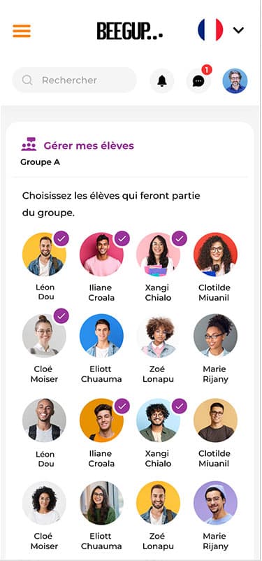 Sélection des élèves sur le site web Beegup pour composer un groupe de correspondance