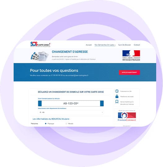 Interface du site carte grise développé sur mesure pour une expérience utilisateur simplifiée