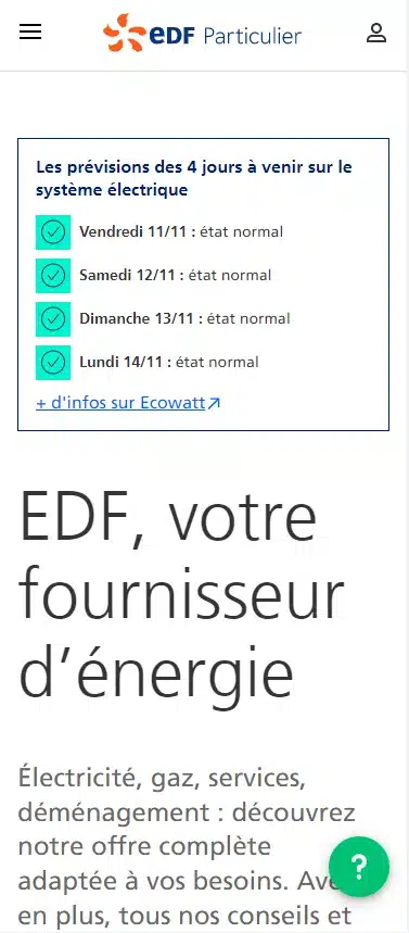 Prévisions électriques affichées sur le site web EDF Particulier