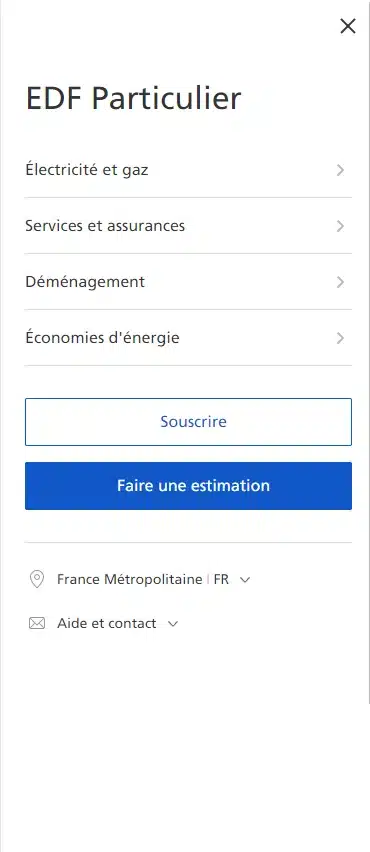Menu principal du site web EDF Particulier sur mobile