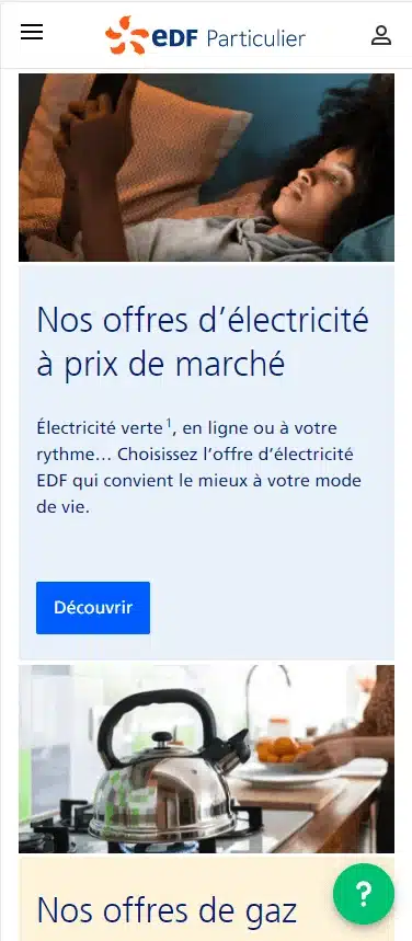 Offre d’électricité sur le site web EDF Particulier – interface mobile