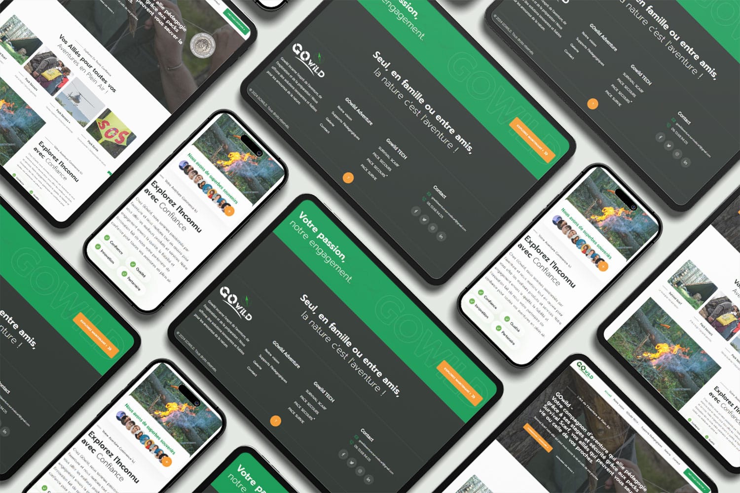 Interface responsive du site GoWild Aventure affichée sur mobiles et tablettes