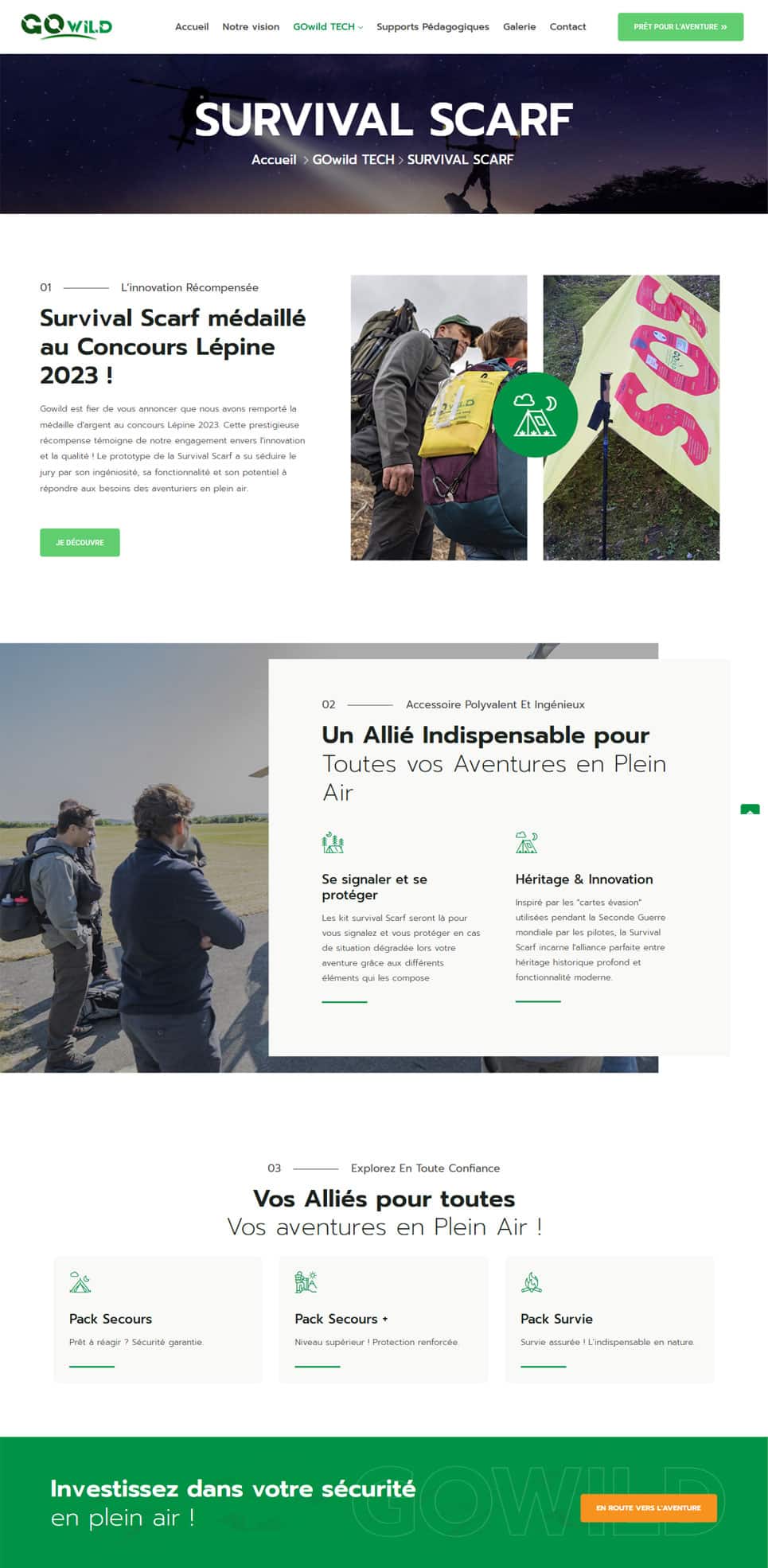 Interface du site GoWild mettant en avant le Survival Scarf, ses récompenses et les packs sécurité