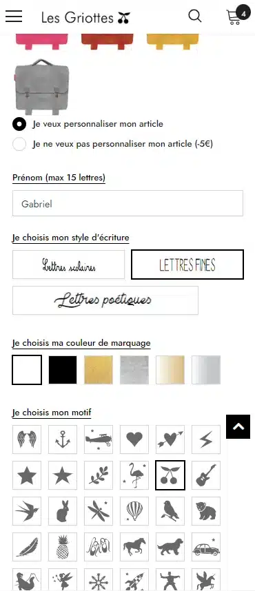 Site e-commerce Les Griottes – interface de personnalisation produit