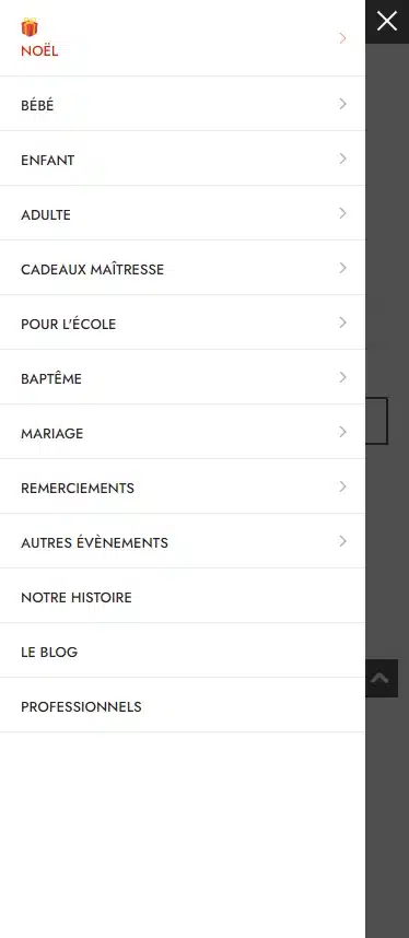 Site e-commerce Les Griottes – menu mobile avec catégories cadeaux