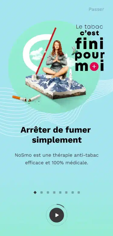 Écran d’accueil de l’application Nosmo avec message d’encouragement à arrêter de fumer
