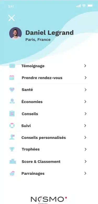 Menu complet de l’application mobile pour arrêter de fumer Nosmo