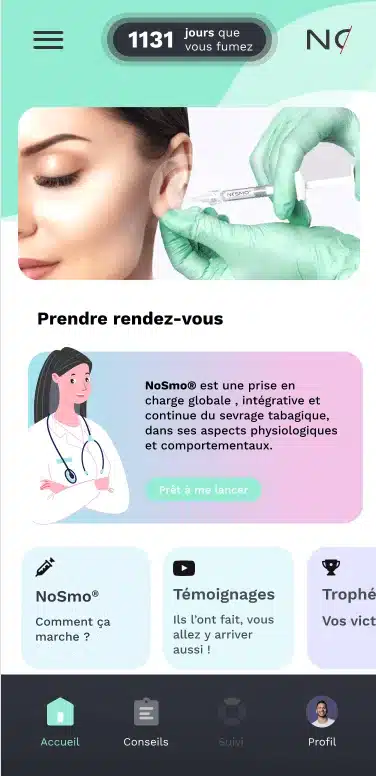 Interface de prise de rendez-vous de l’application mobile pour arrêter de fumer Nosmo