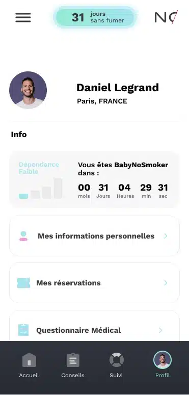 Profil personnel dans l’application mobile pour arrêter de fumer Nosmo