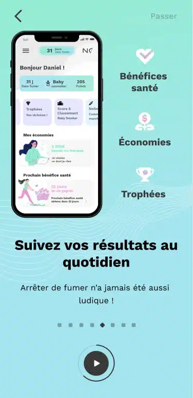 Interface utilisateur affichant les bénéfices santé, économies et trophées dans l’application Nosmo