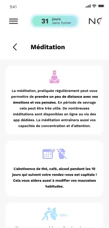 Écran dédié à la méditation dans l’application Nosmo pour aider au sevrage