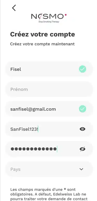 Formulaire de création de compte utilisateur dans l’application Nosmo