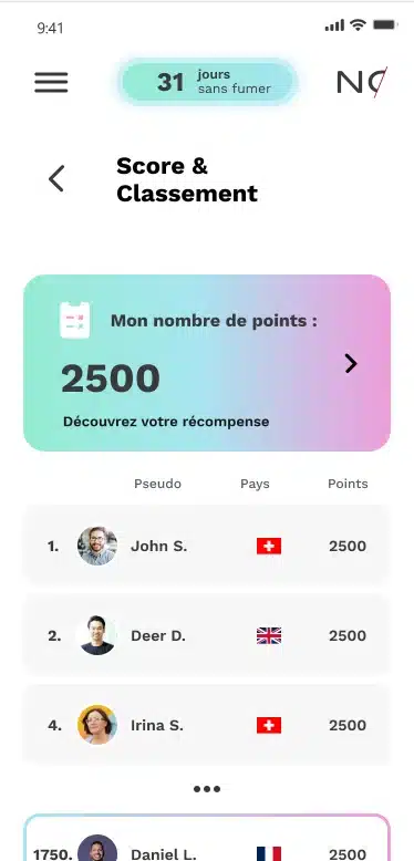 Classement des utilisateurs dans l’application mobile pour arrêter de fumer Nosmo