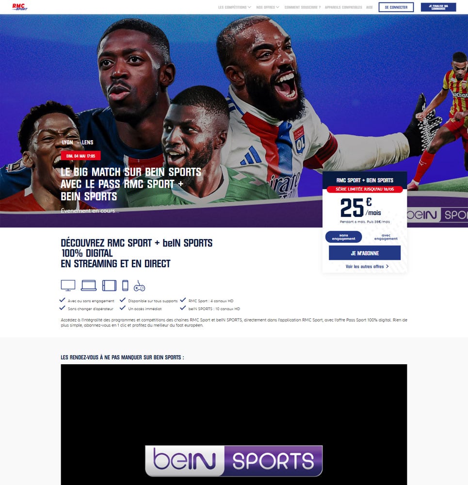 Interface du site web RMC Sport TV avec les offres UFC et beIN Sports en direct