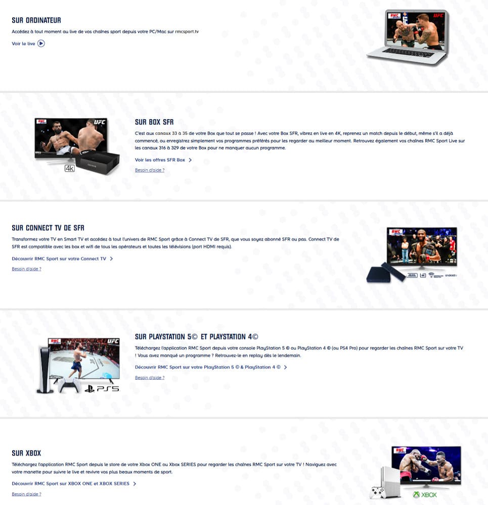 FAQ sur les abonnements multi-supports du site web RMC Sport TV