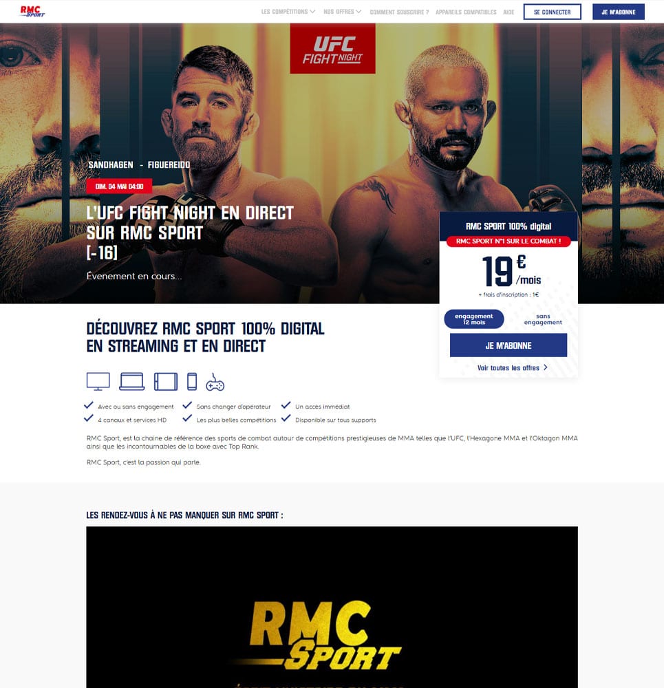 Présentation des offres et compétitions internationales sur le site web RMC Sport TV