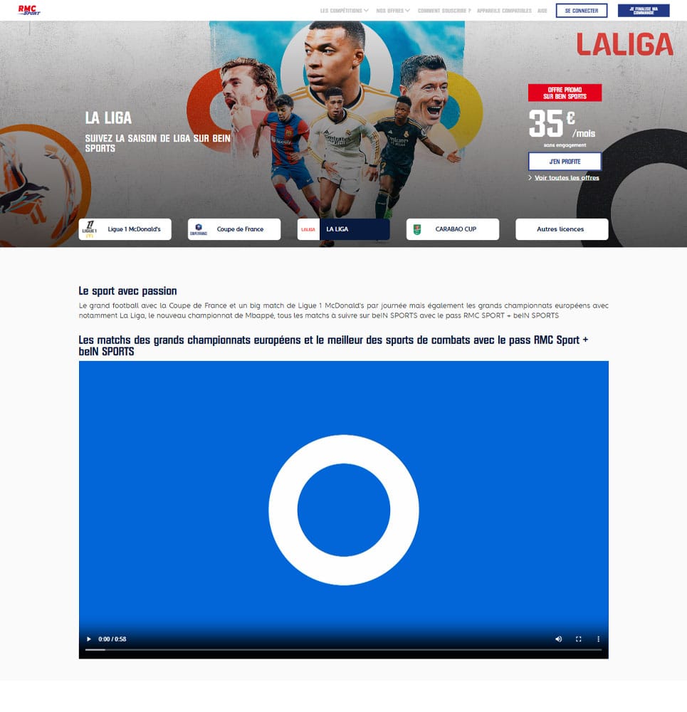 Page LaLiga du site web RMC Sport TV avec contenu vidéo en streaming