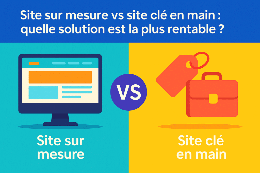 Comparaison visuelle entre site sur mesure et site clé en main avec icônes colorées