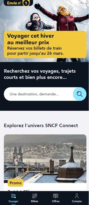 Version mobile de la plateforme digitale SNCF Connect avec focus hiver et recherche intuitive
