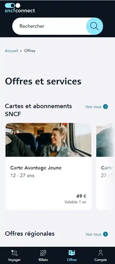 Navigation mobile dans les offres et abonnements de la plateforme digitale SNCF Connect