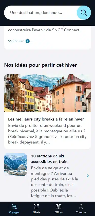Suggestions de destinations hivernales sur la plateforme digitale SNCF Connect en version mobile