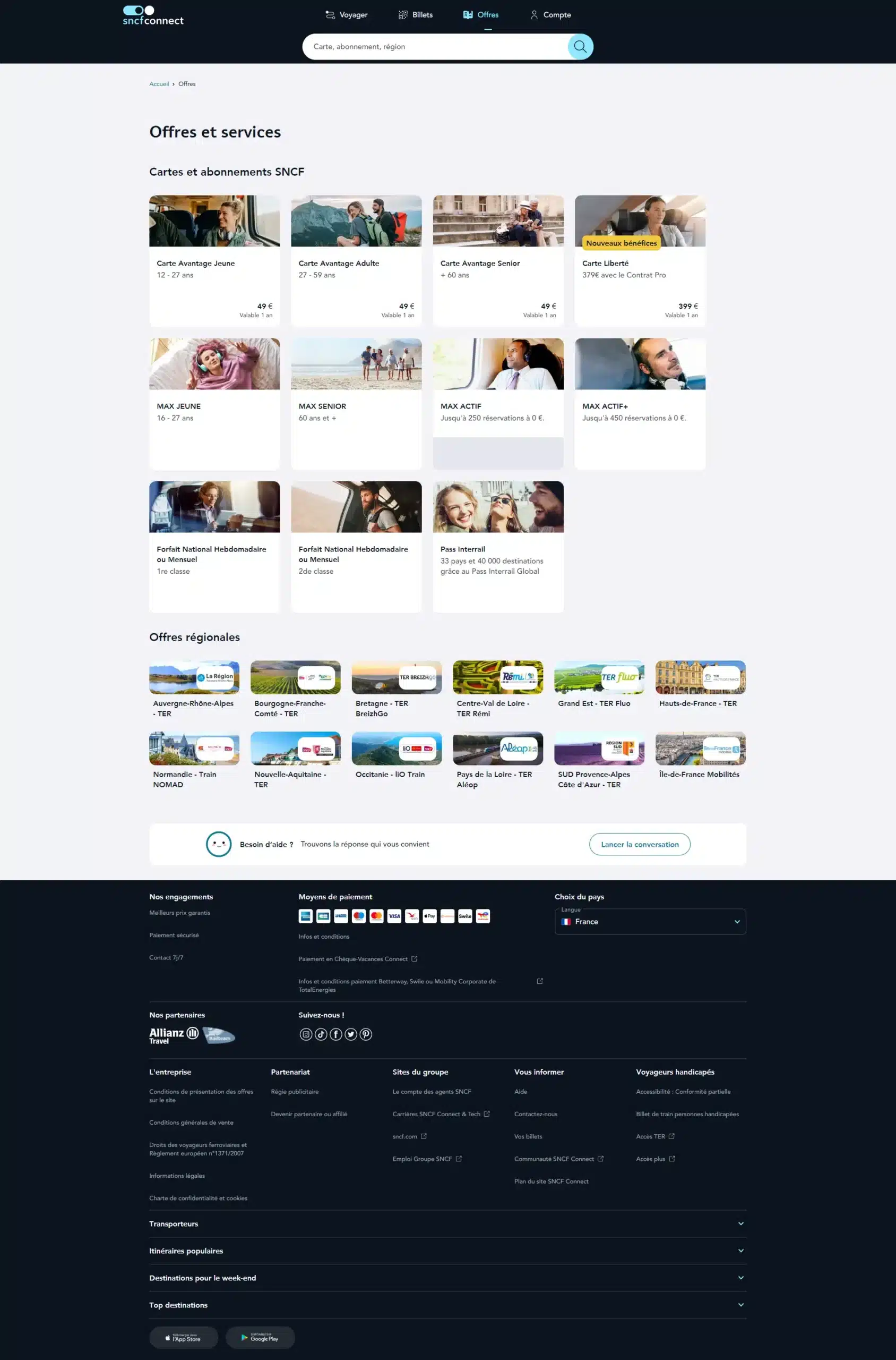 Interface desktop de la plateforme digitale SNCF Connect avec l’univers d’accueil et les offres de services