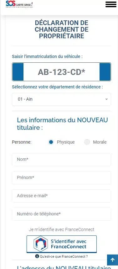 Formulaire de changement de propriétaire sur SOS Carte Grise