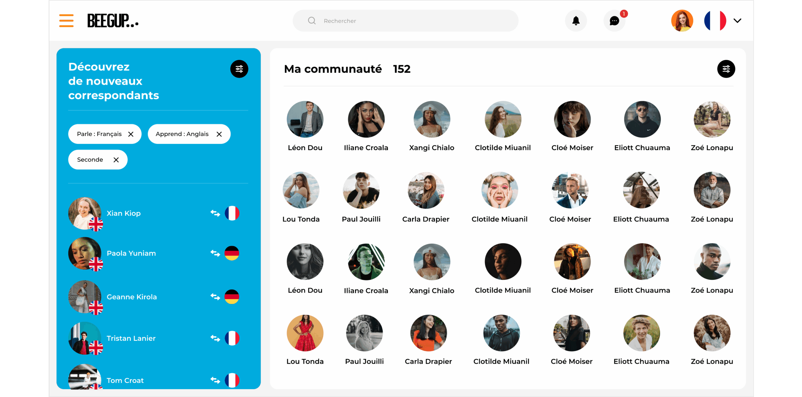 Annuaire des utilisateurs sur le site web Beegup – recherche de correspondants linguistiques